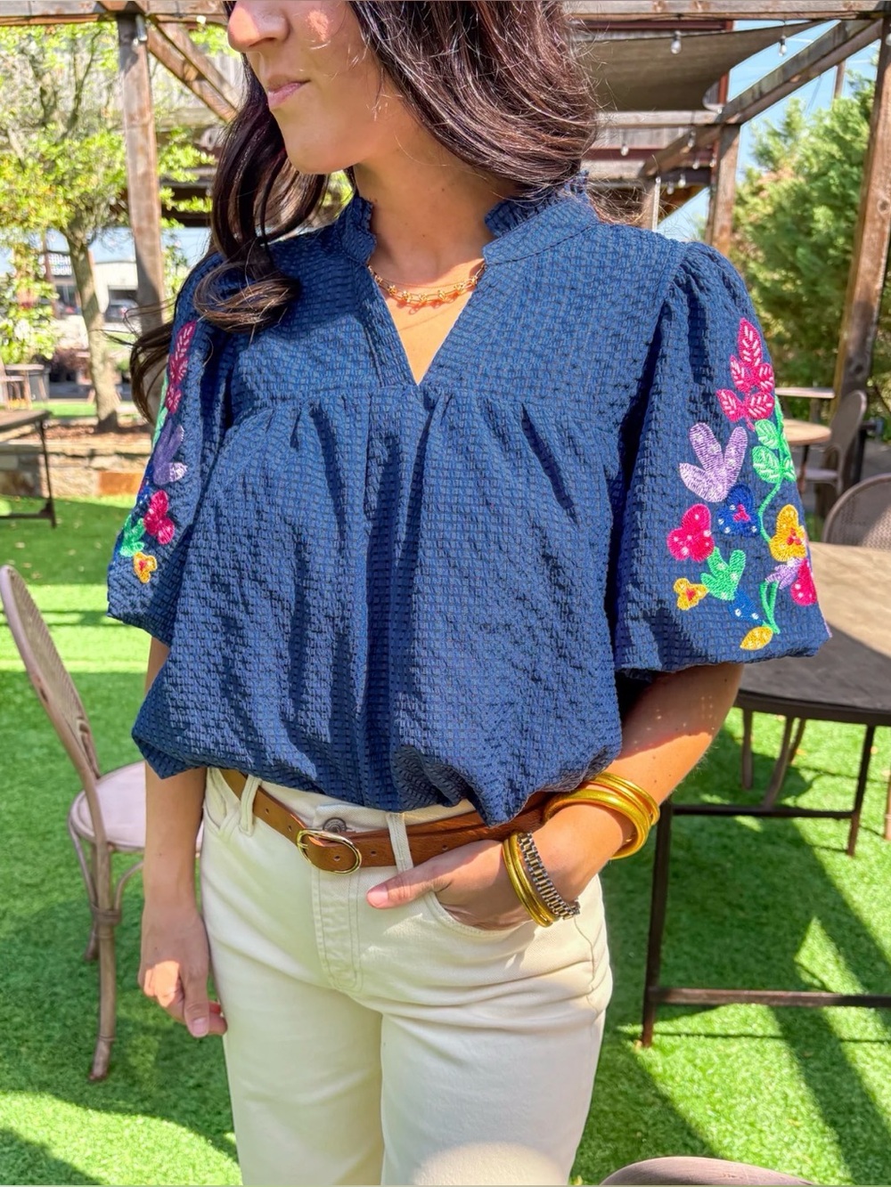 Embroidered Navy Puff-Sleeve Women's Top